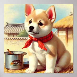 Schattige Koreaans Jindo Dog Painting Poster