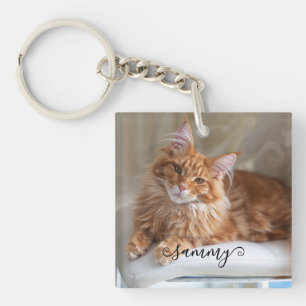 Schattige Krolhaar Naam Kat Foto Sleutelhanger