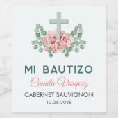 Schattige Kruis en bladeren in het Spaans Bautizo  Wijn Etiket (Enkel label)