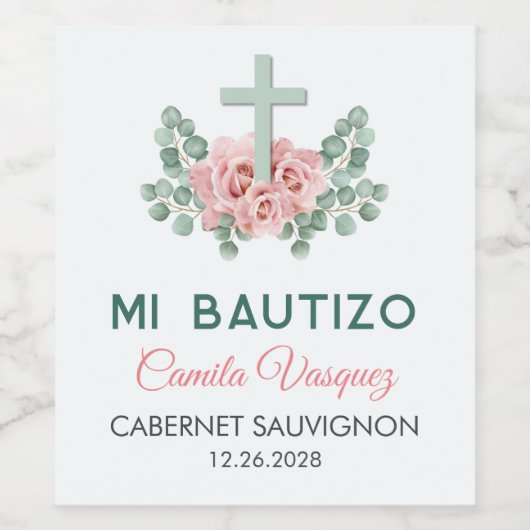 Schattige Kruis en bladeren in het Spaans Bautizo Wijn Etiket (Enkel label)
