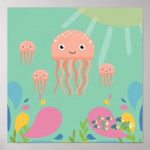 Schattige kwal in baby blauwe oceaan, poster