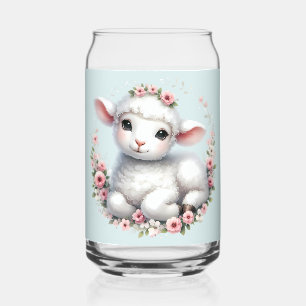 Schattige Lam Met Bloemenkroon Illustratie Blikvorm Glas