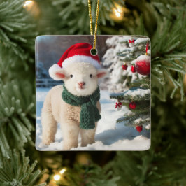 Schattige lam met een sjaal en een kerstmuts keramisch ornament