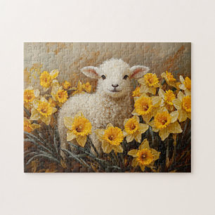 Schattige Lam Met Geel Daffodils Schilderij Legpuzzel