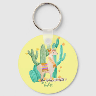 Schattige Lama en Cactus met Bloemen - Geel Sleutelhanger