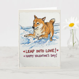 Schattige "Leap Into Love" Shiba Inu Valentijnsdag Kaart
