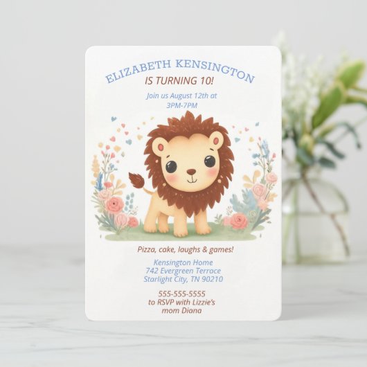 Schattige Leeuw Thema Verjaardagsfeestje voor Kind Kaart (Staand voorkant)