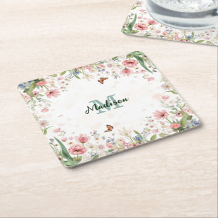 Schattige Lente Bloem Wilde Bloemen Boeket Vlinder Vierkante Kartonnen Onderzetter