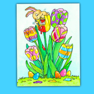 Schattige lente Pasen konijn en bloemen briefkaart