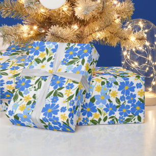 Schattige lenteblauw en geel bloemenpatroon cadeaupapier
