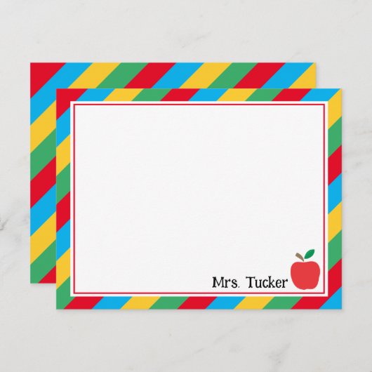 Schattige Leraar Apple & Kleurrijke Strepen Statio Notitiekaartje (Voorkant / Achterkant)
