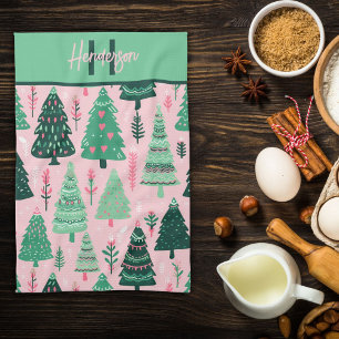 Schattige Leuk Roze & Groene Kerstboom Patroon Naa Theedoek