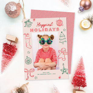 Schattige Leuke Doodles Roze Rood Groen Kerst Foto Feestdagenkaart