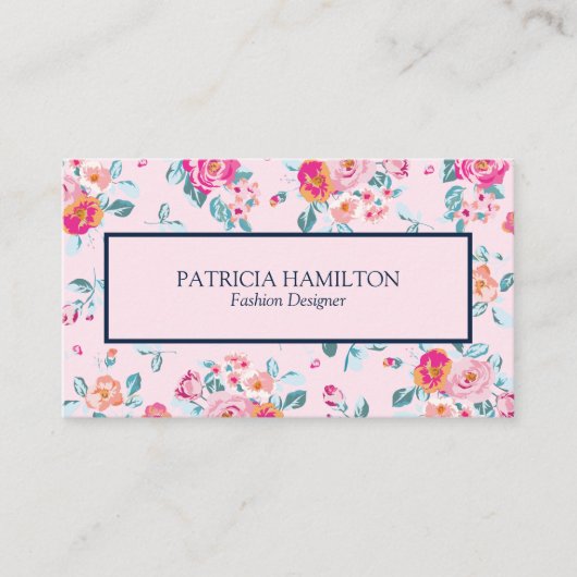 Schattige levendig roze bloemenpatroon op blush visitekaartje (Voorkant)
