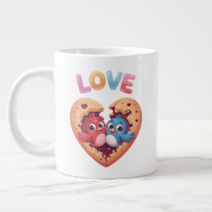 Schattige Liefdesvogels in een Hart Koekje Extra Grote Beker