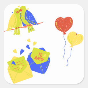 schattige liefdesvogels & romantische brieven vierkante sticker