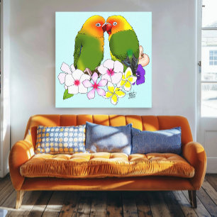Schattige Liefdesvogels Tropische Bloemen Romantis Canvas Afdruk