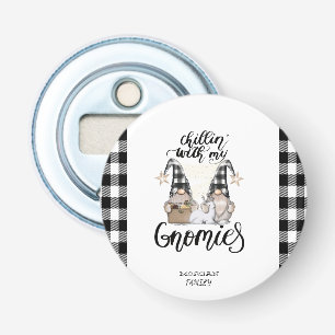 Schattige lieve kabouters Zwart buffelplaid Button Flesopener