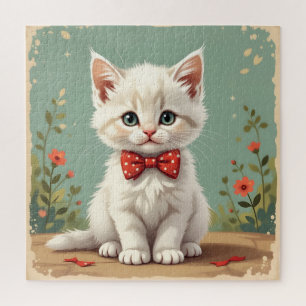 Schattige lieve witte kat met vlinderdas legpuzzel