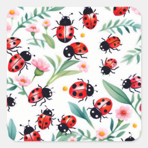 Schattige lieveheersbeestjes en bloemenpatroon wit vierkante sticker