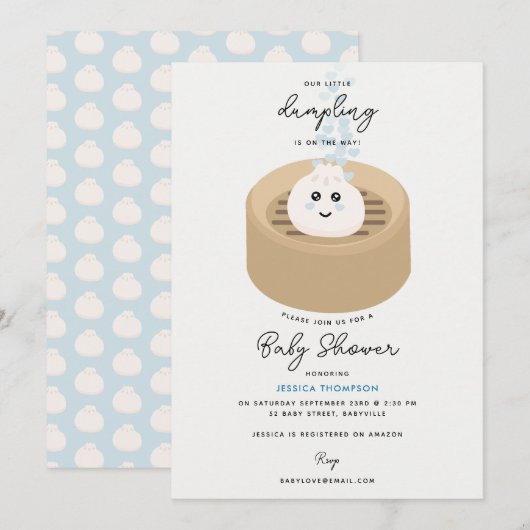 Schattige Little Dumpling Blue Hearts Baby shower Kaart (Voorkant / Achterkant)