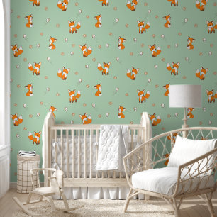 Schattige Little Fox Green Pattern Behang