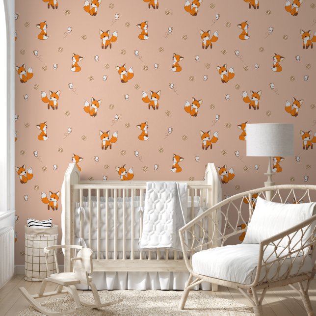 Schattige Little Fox Roze Patroon Behang (Kinderen)