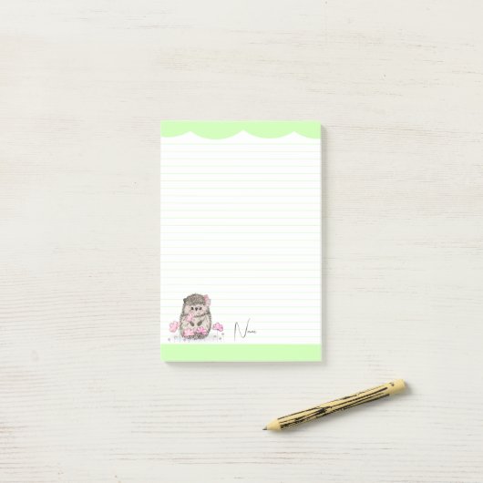 Schattige Little Hedgehog Custom Green Post-it® Notes (Op bureau)