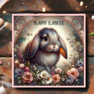 Schattige Lop Eared Bunny Flowers Happy Easter Feestdagenkaart