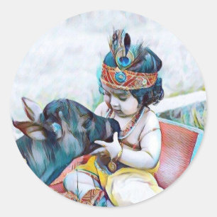 schattige lord krishna met klassieke koeienstift ronde sticker
