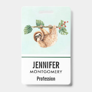 Schattige luiaard die ondersteboven hangt aquarel badge