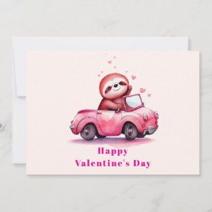 Schattige luiaard in een roze cabrio Valentijnsdag Feestdagenkaart