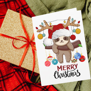 Schattige luiaard met kerstmuts, kerstlichtjes & b feestdagen kaart