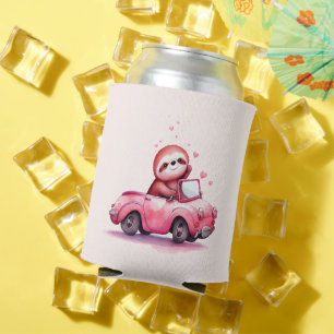 Schattige luiaard rijdt in een roze cabrio blikjeskoeler