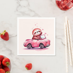 Schattige luiaard rijdt in een roze cabrio servet