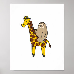 Schattige luiaard rijdt op giraffe houdt van giraf poster