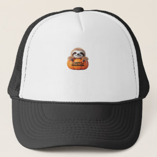 Schattige luiaard zit in een pompoen. Tekst Fijne Trucker Pet