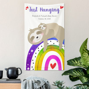 Schattige Luiaards Regenboog Baby Shower Fun Moder Spandoek