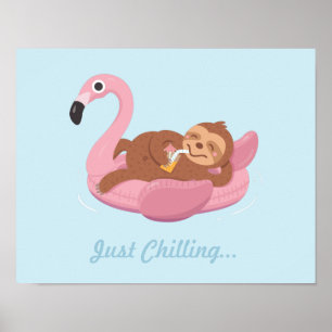 Schattige Luie Luiaard op Roze Flamingo Vlotprint Poster