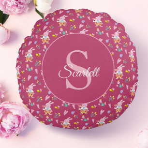 Schattige magenta konijntje tuinpatroon Monogram N Rond Kussen