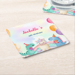 Schattige Magisch Regenboog Dino Eenhoorn Verjaard Vierkante Kartonnen Onderzetter