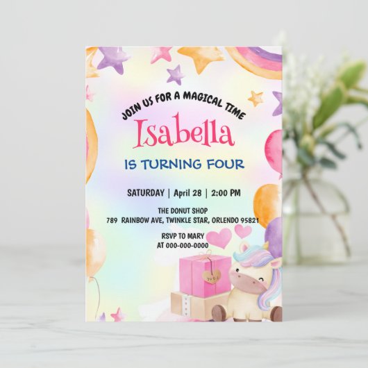 Schattige Magisch Regenboog Eenhoorn Verjaardagsfe Kaart (Staand voorkant)