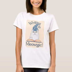 Schattige Magische Schrijvende Kat Cartoon Kunst O T-shirt