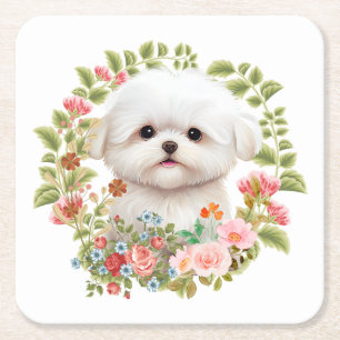 Schattige Maltese puppy in Bloom, Maltees Hondenli Vierkante Kartonnen Onderzetter