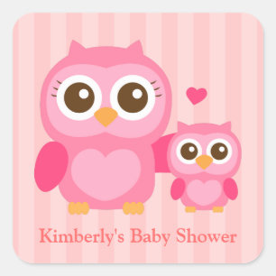 Schattige mama en baby roze uil, baby shower vierkante sticker