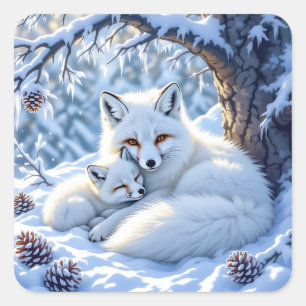 Schattige mama en baby witte vossen in de sneeuw vierkante sticker