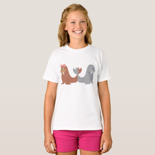 Schattige mannelijke en Vrouw walrussen T-shirt (Voorkant volledig)