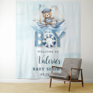 Schattige marine blauwe boot teddybeer jongen baby wandkleed
