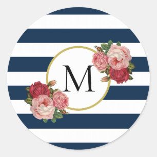 Schattige marineblauw wit gestreept retro bloemmon ronde sticker