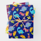 Schattige marineblauwe, gele en paarse dinosaurus inpakpapier vel (In situ)
